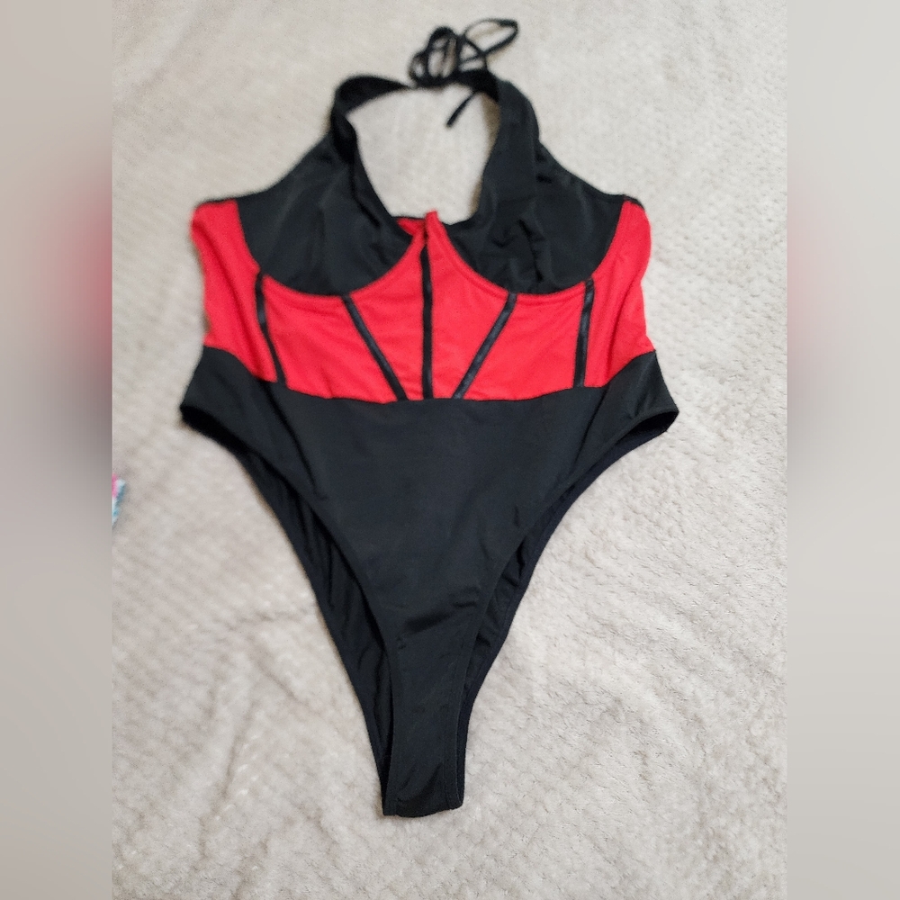 Red and Black Halter Body Suit